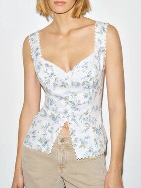 BEST Reformation Viola Linen Top Nostalgia Floral White Blue French Causal